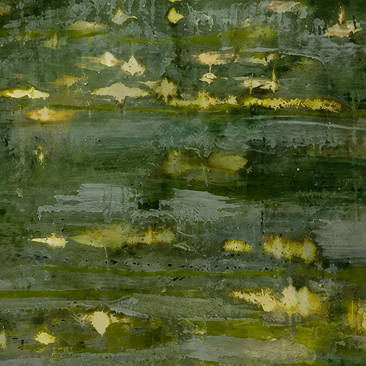 Close view of yellow green highlights and layered brush marks across muted green water.