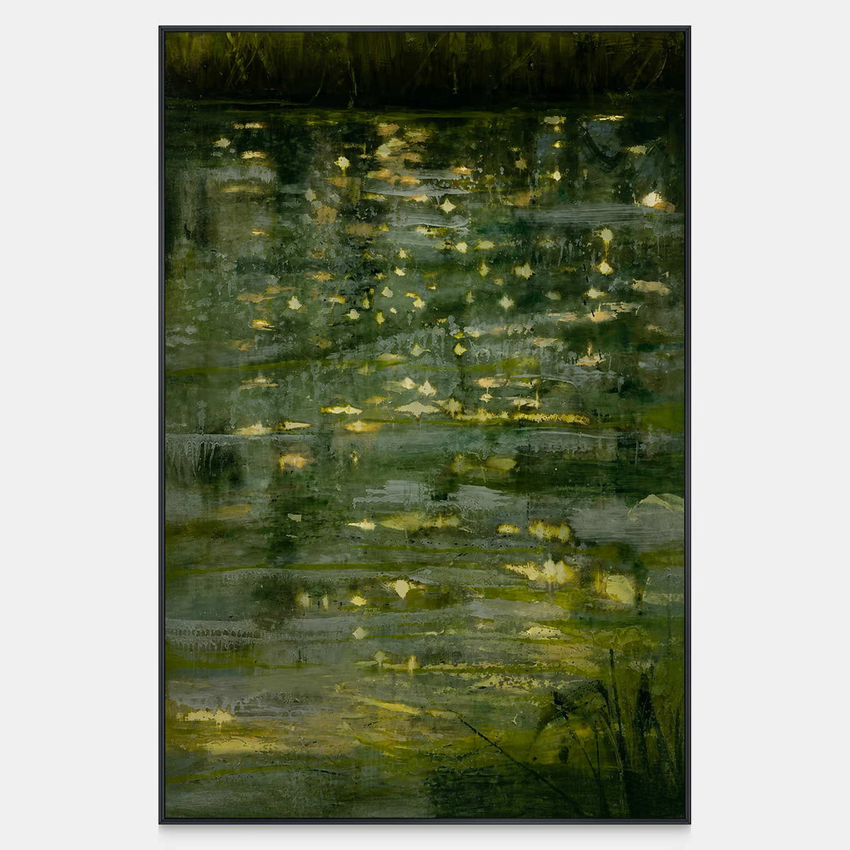 Yellow green reflections shimmer across deep green water beneath a dark bank.