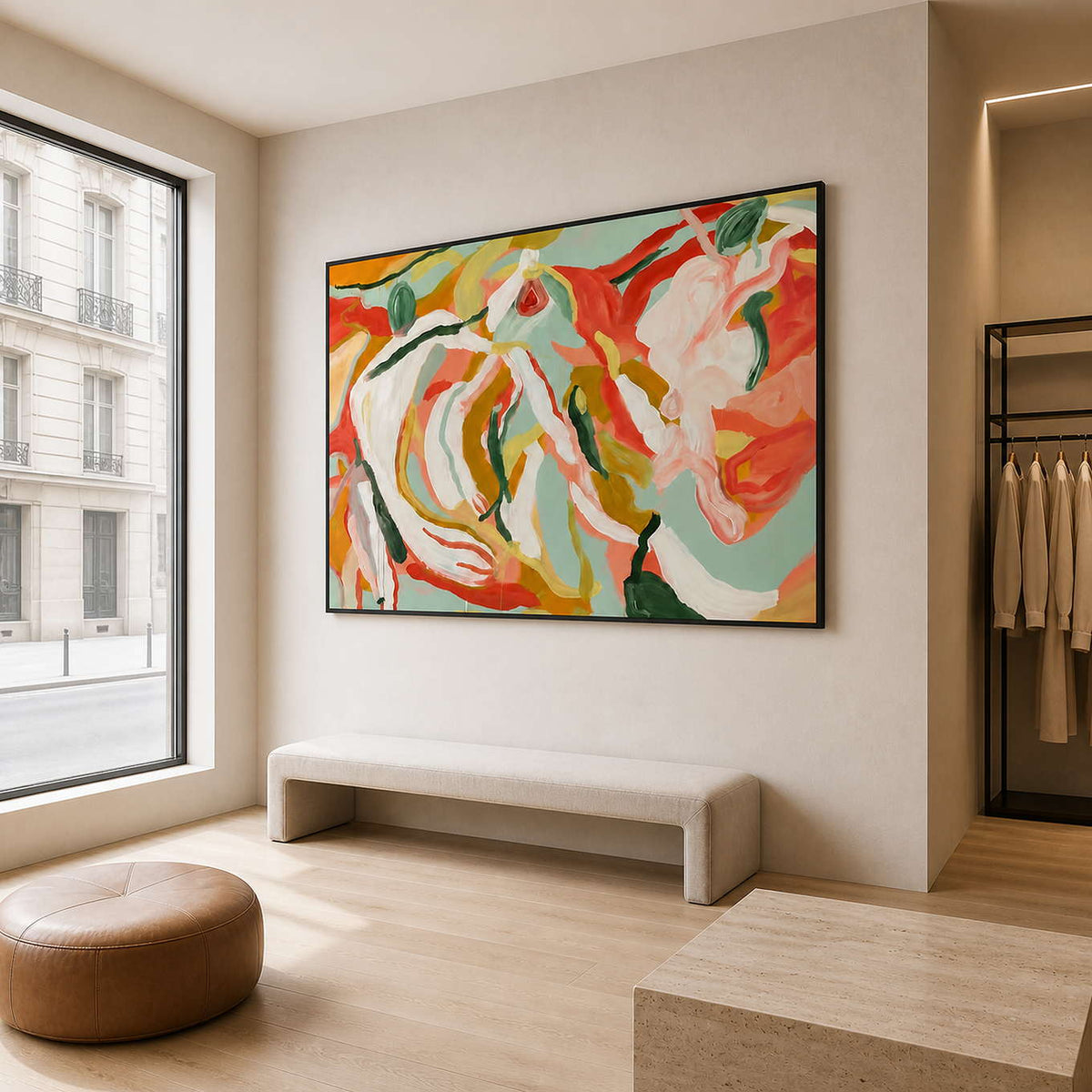 Summer Swirl in a black frame beside tall windows and a display bench in a bright boutique gallery.