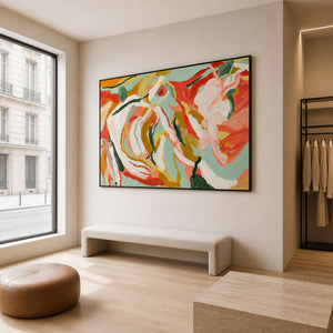 Summer Swirl in a black frame beside tall windows and a display bench in a bright boutique gallery.