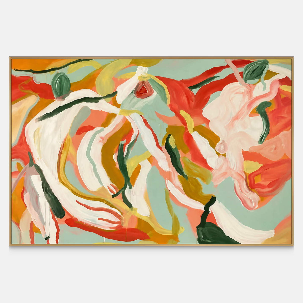 Summer Swirl, a horizontal floral painting with winding coral, white, and yellow forms over pale green, shown in a gold frame.