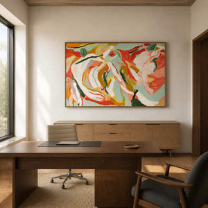 Wood-framed Summer Swirl above a low cabinet behind a desk in a sunlit home office.