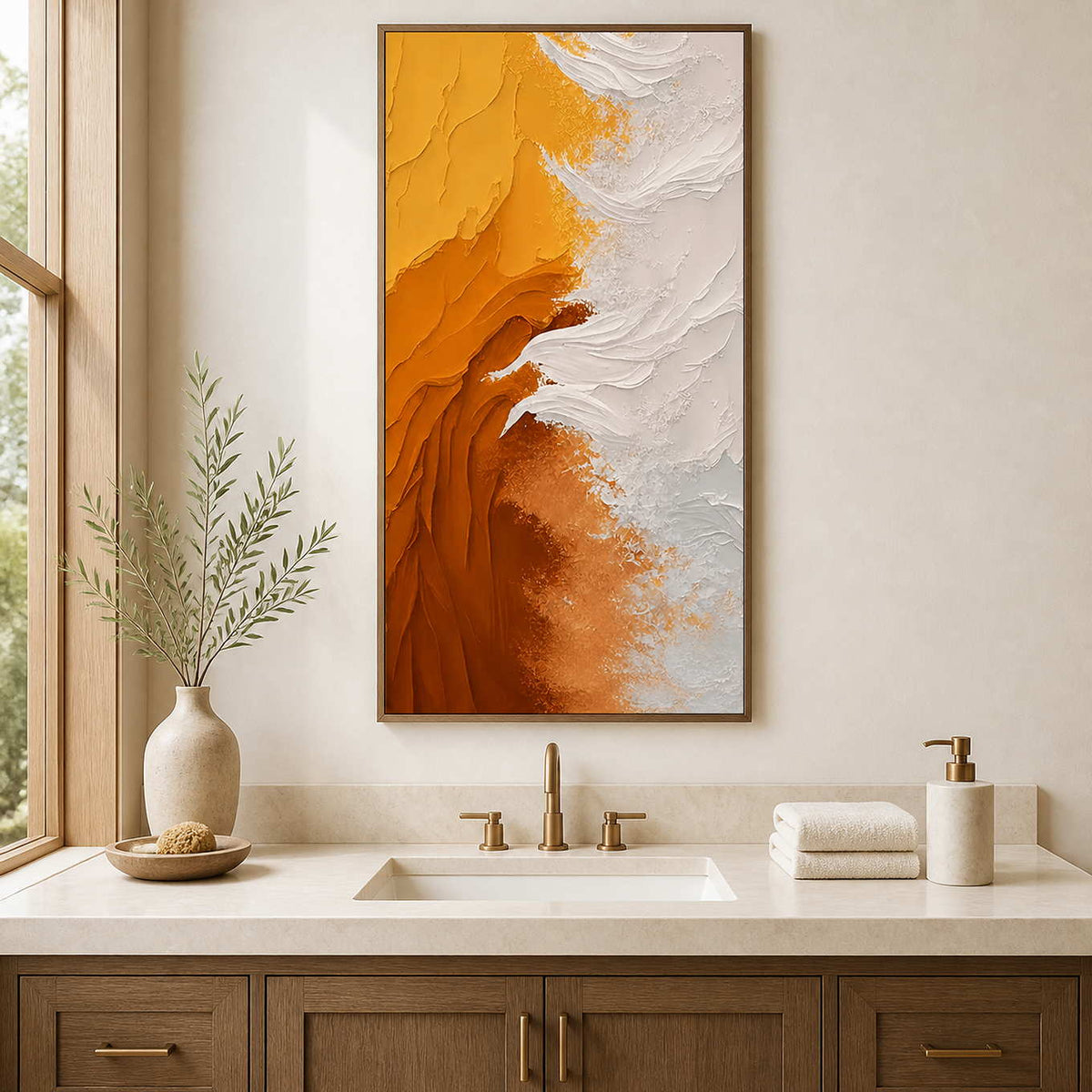 Wood framed yellow and white artwork above a vanity in a bathroom dry area.