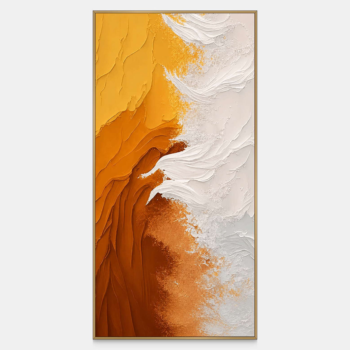 Tall abstract artwork with yellow and amber layers meeting sweeping white raised ridges.