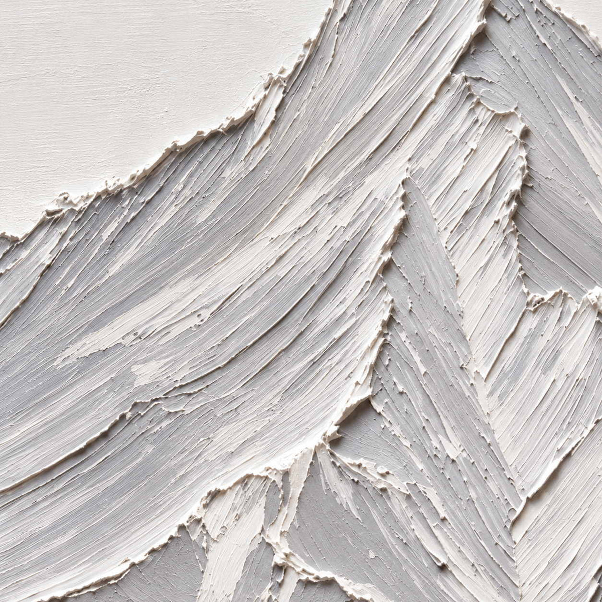 Close-up of long raised white ridges descending from overlapping mountain peaks.