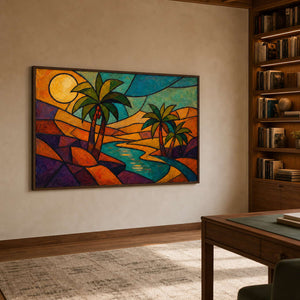 Graphic palm-tree artwork displayed in a private collector study.