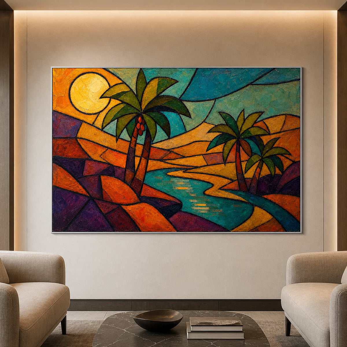 Bold tropical landscape displayed in a refined executive lounge.