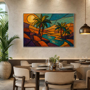 Modern multicolor landscape displayed in a boutique hotel restaurant.