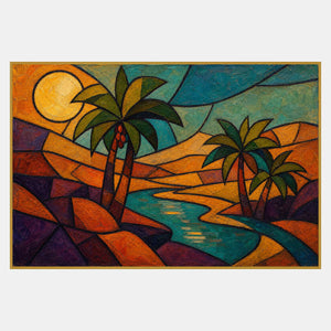 Graphic tropical landscape with palms, turquoise water, and a golden sun.