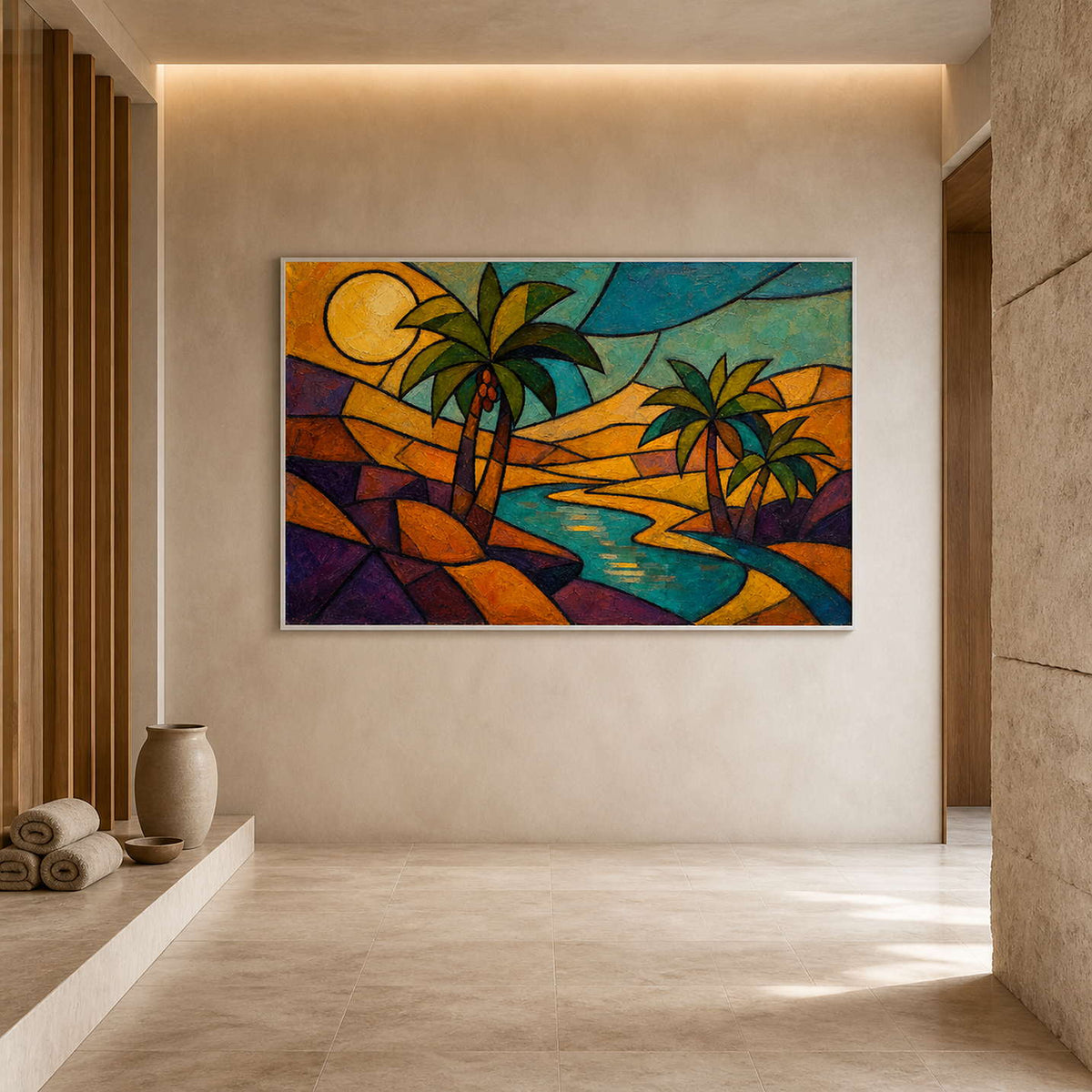 Turquoise and amber tropical art displayed in a modern spa corridor.