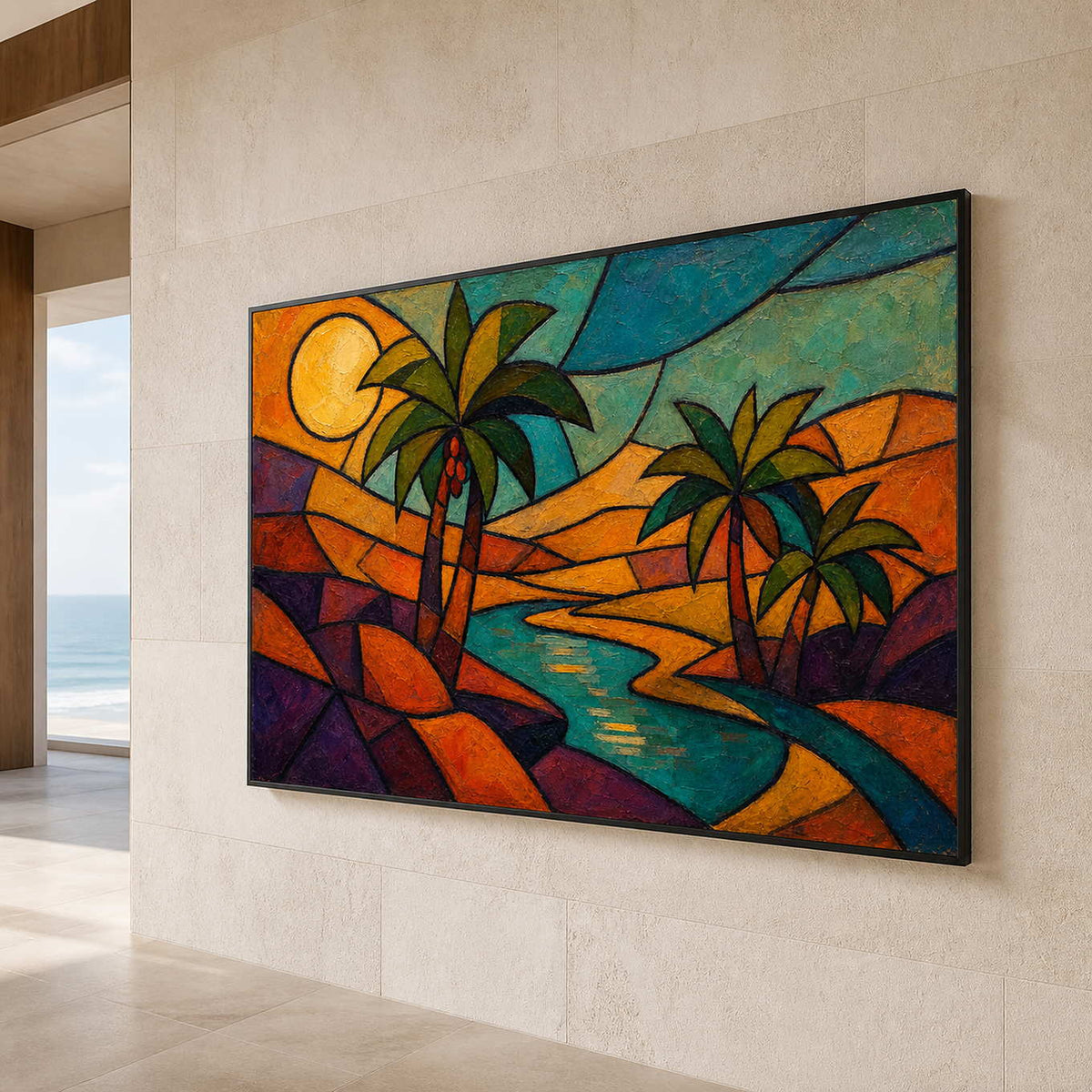 Warm modern landscape viewed from the side in a resort suite lounge.