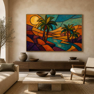 Modern tropical landscape wall art displayed in an upscale living room.