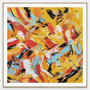Front view of interlocking yellow, orange, light blue, white and black abstract strokes, with a gold-colored frame.