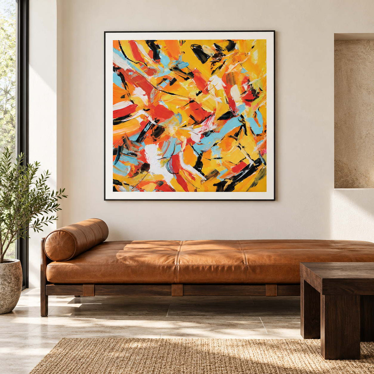 Interlocking yellow, orange, light blue, white and black abstract strokes in an artwork with a black frame, displayed in a seating area.