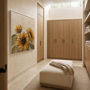 Textured Sunflower Wall Art displayed in a refined bathroom.
