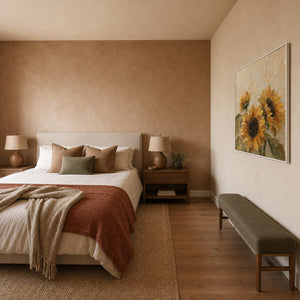 Textured Sunflower Wall Art displayed in a refined bedroom.