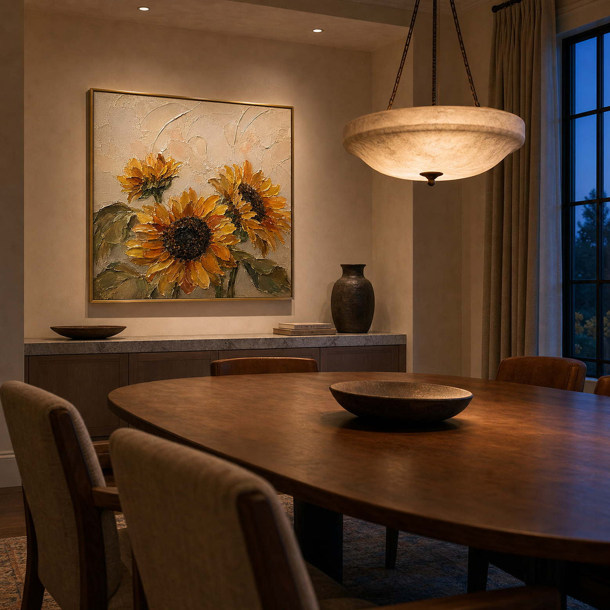Textured Sunflower Wall Art displayed in a refined dining room.