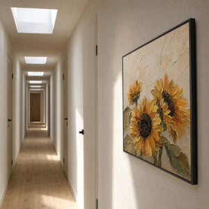 Textured Sunflower Wall Art displayed in a refined entryway.