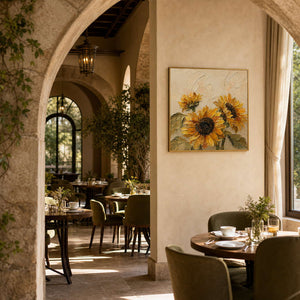 Textured Sunflower Wall Art displayed in a refined hospitality.