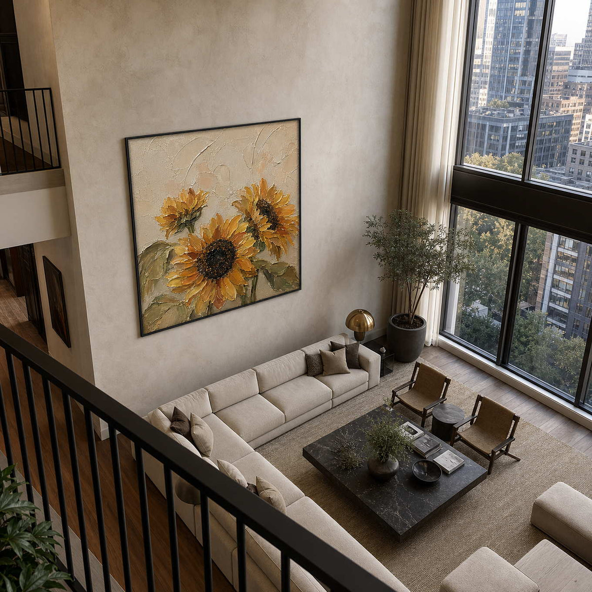 Textured Sunflower Wall Art displayed in a refined living room.