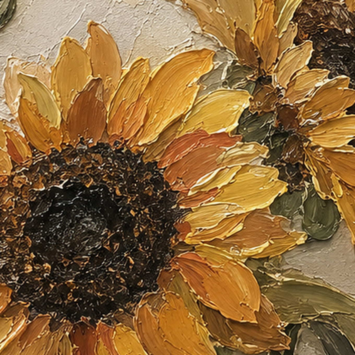 Close-up of raised hand-painted texture in warm tones, green, and beige & cream.