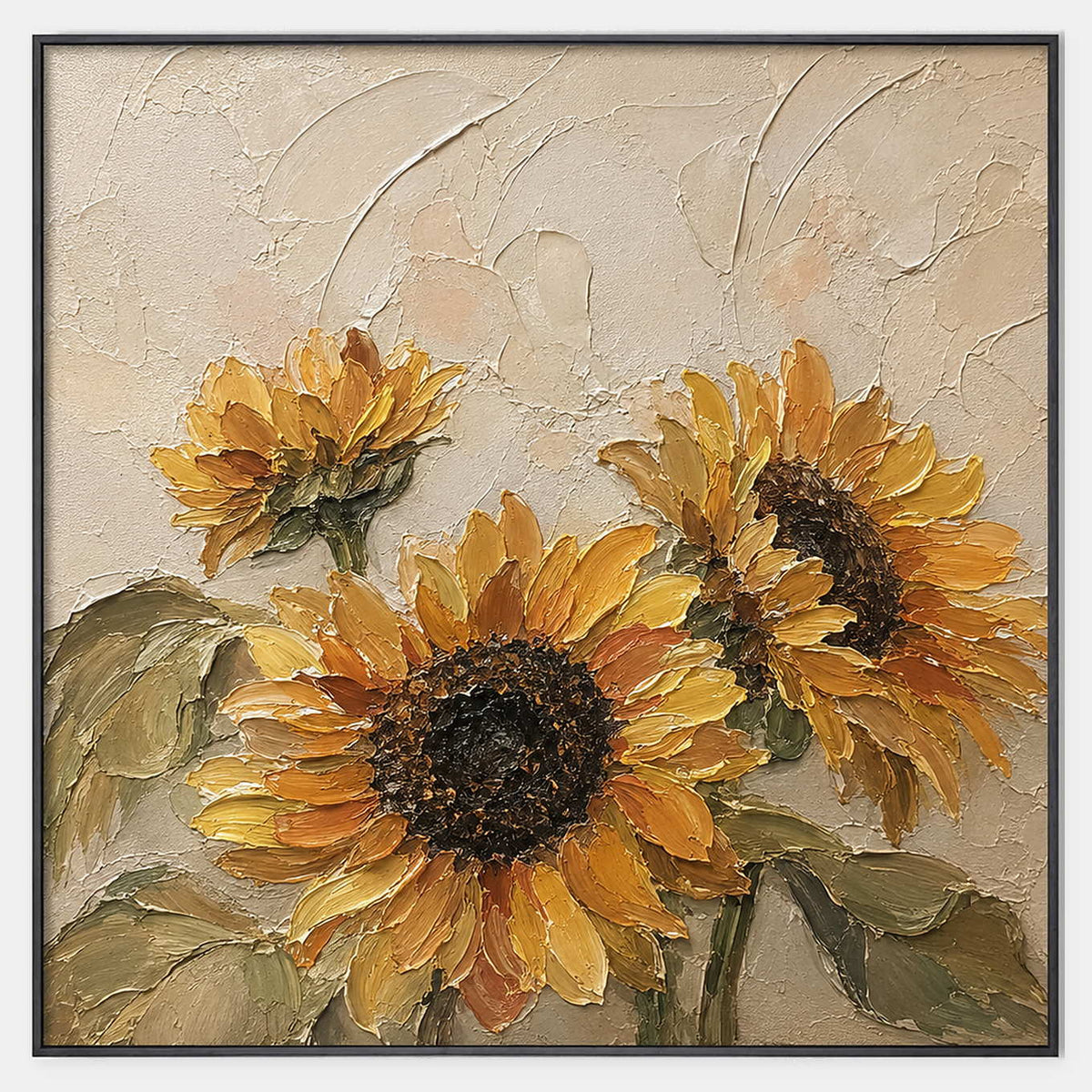 Hand-painted textured sunflower wall art in warm tones, green, and beige & cream.