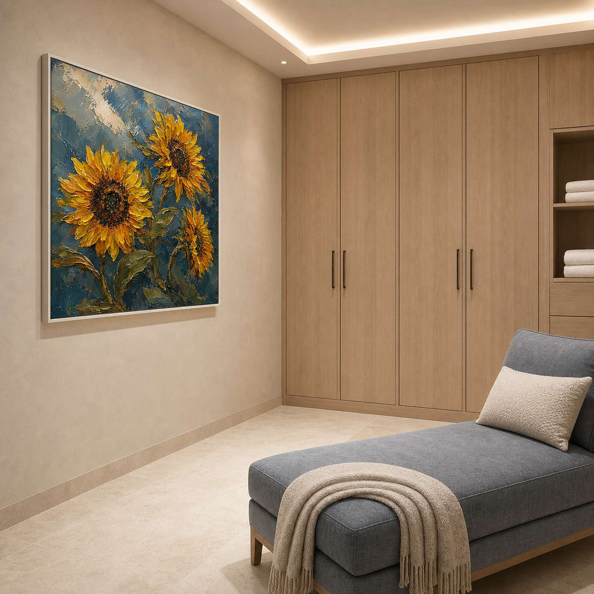 Textured Sunflower Wall Art displayed in a refined bathroom.
