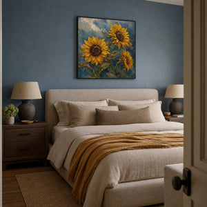 Textured Sunflower Wall Art displayed in a refined bedroom.