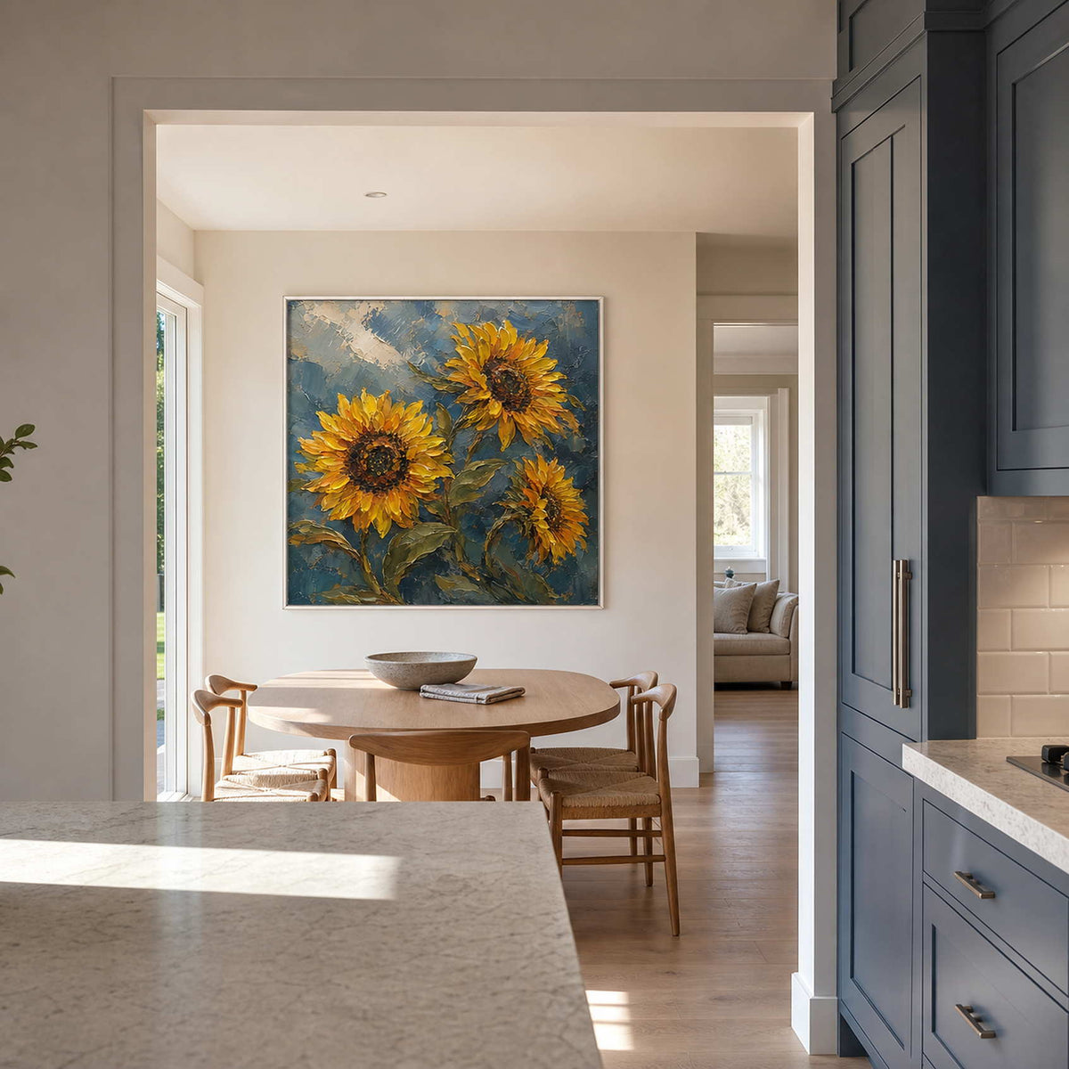 Textured Sunflower Wall Art displayed in a refined dining room.