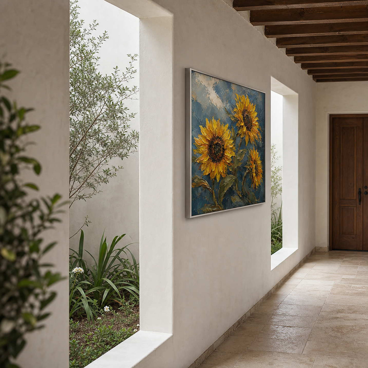 Textured Sunflower Wall Art displayed in a refined entryway.