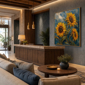 Textured Sunflower Wall Art displayed in a refined hospitality.