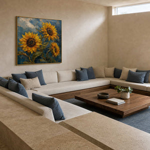 Textured Sunflower Wall Art displayed in a refined living room.