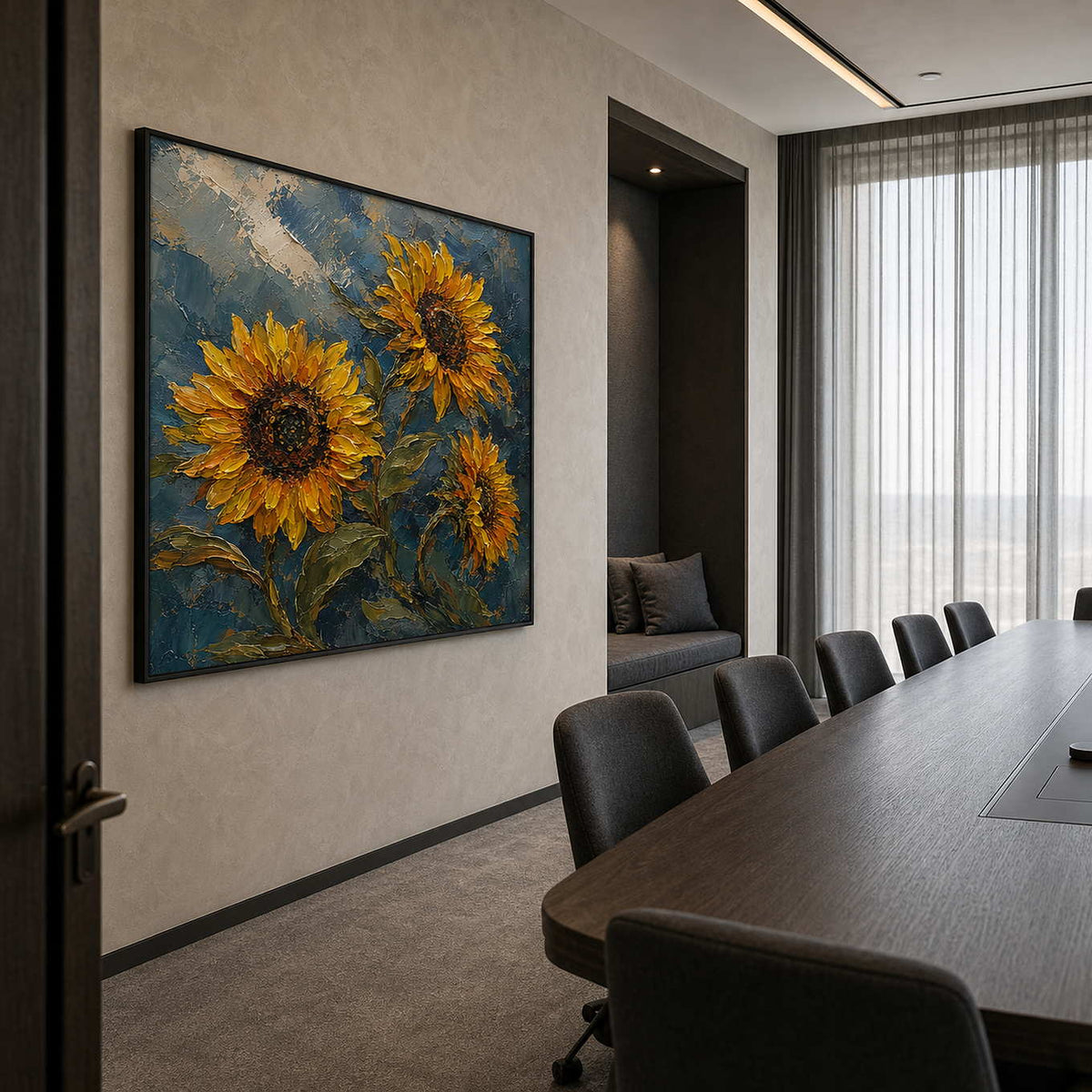 Textured Sunflower Wall Art displayed in a refined office.