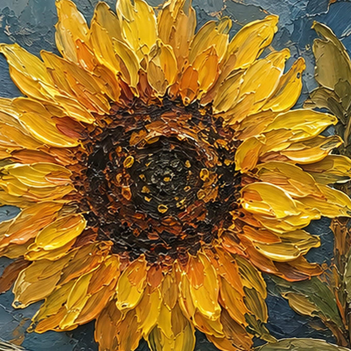 Close-up of raised hand-painted texture in warm tones, blue, and green.