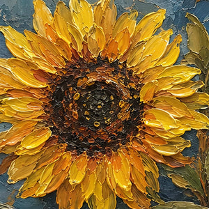 Close-up of raised hand-painted texture in warm tones, blue, and green.