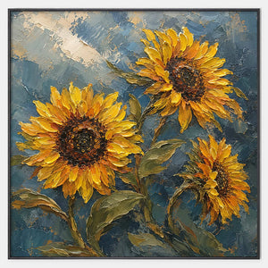 Hand-painted textured sunflower wall art in warm tones, blue, and green.