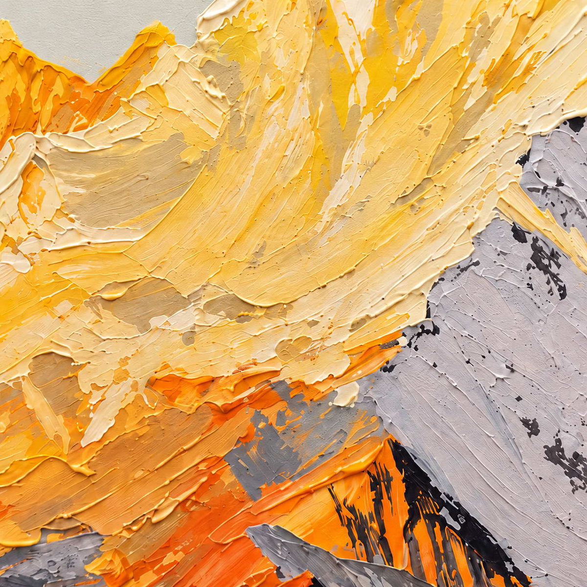 Close-up of raised cream, yellow and orange strokes crossing the mountain slopes beside a pale gray face marked with dark accents.