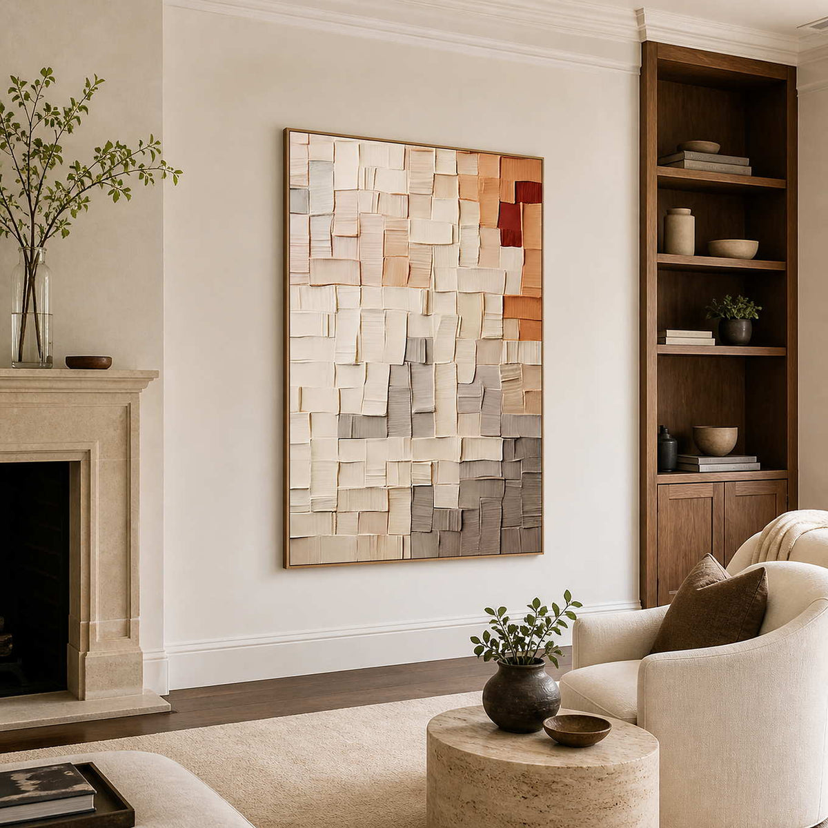 Wood-framed textured grid artwork between a fireplace and bookshelves in a quiet library lounge.