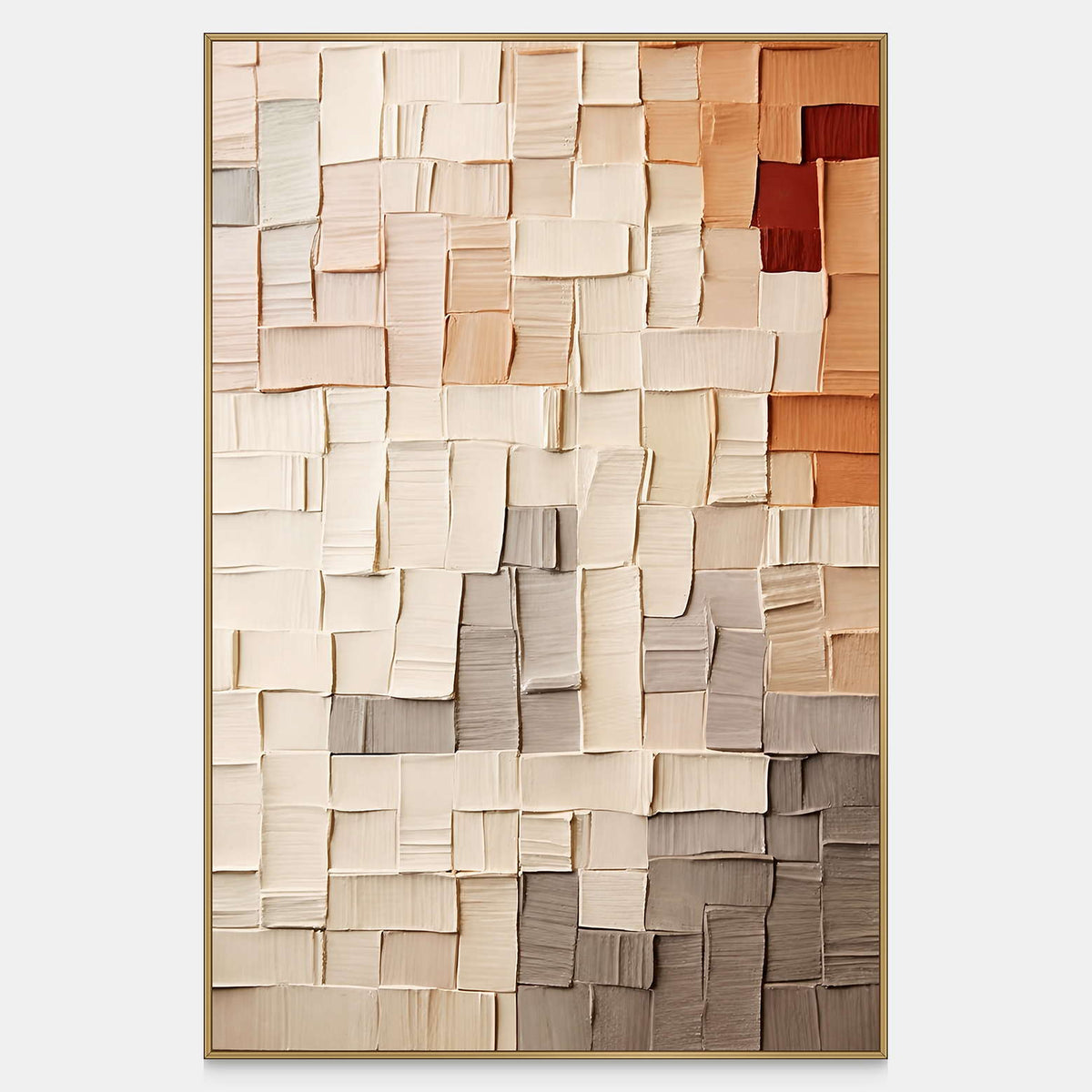 Vertical abstract wall art with raised cream, peach, gray, and rust rectangles in a grid.