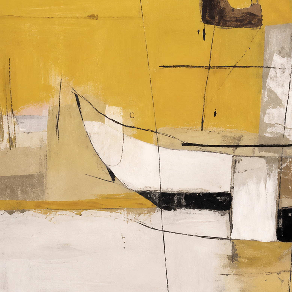Close-up of a cream sweeping curve, thin black lines, and layered yellow brushwork.
