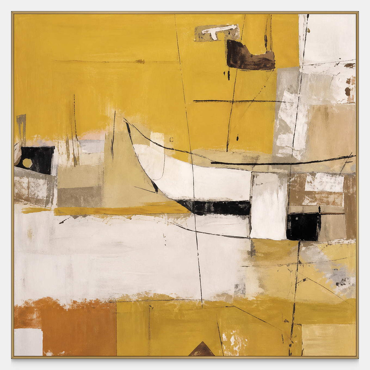 Square abstract wall art with yellow fields, a pale sweeping curve, and spare black marks.