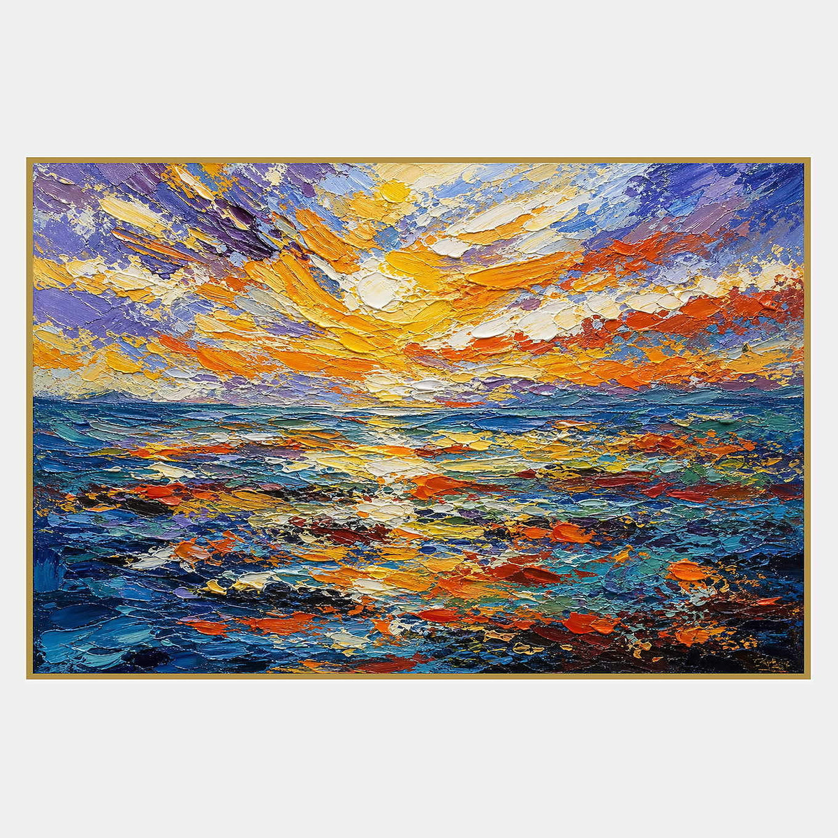Hand-painted textured seascape with a gold and lavender sunset over a deep blue ocean.