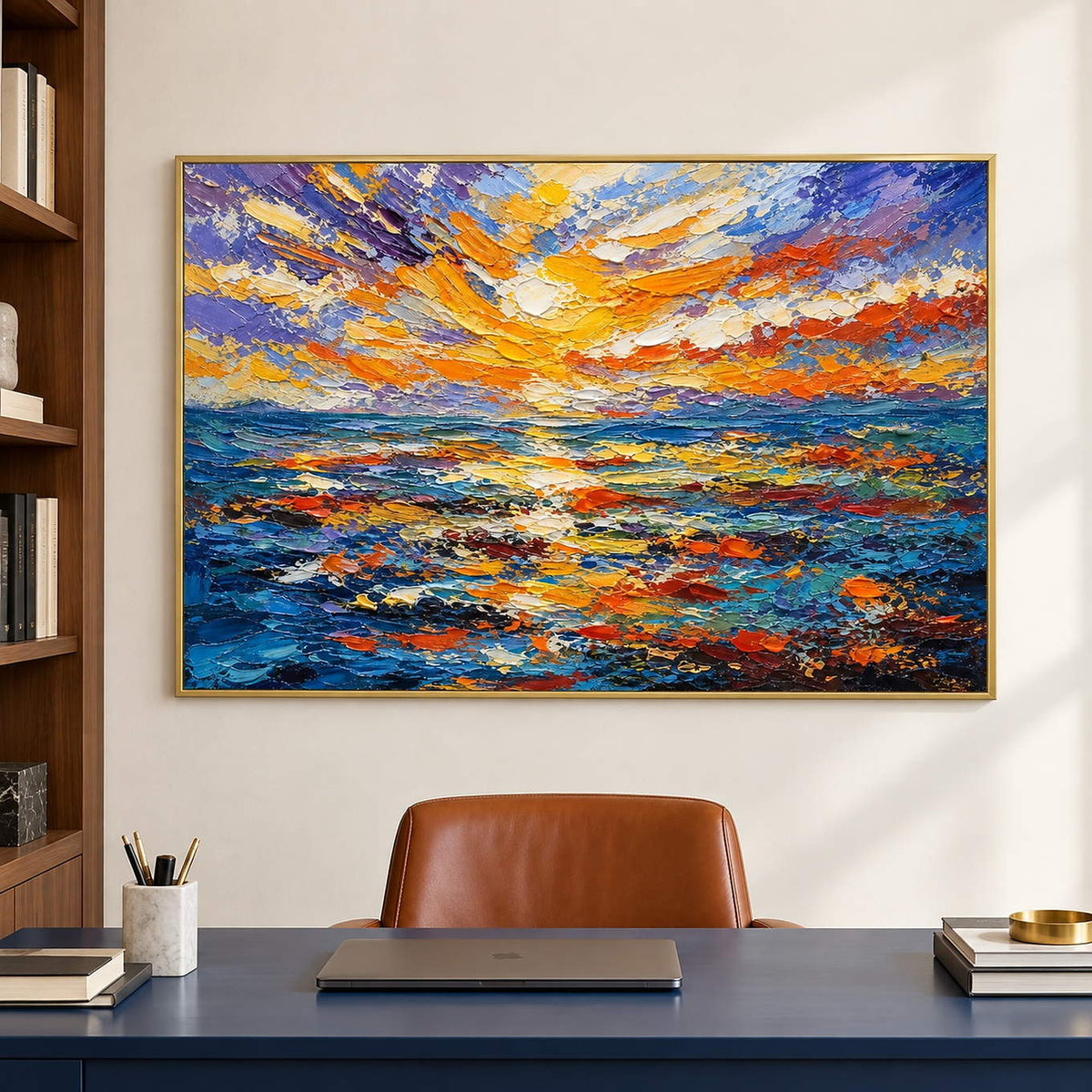 Textured seascape painting with a gold and orange sunset over blue water in a gold frame in a home office.
