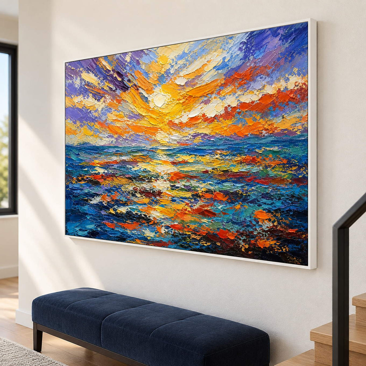 Textured seascape painting with a gold and orange sunset over blue water in a white frame on a stair landing.
