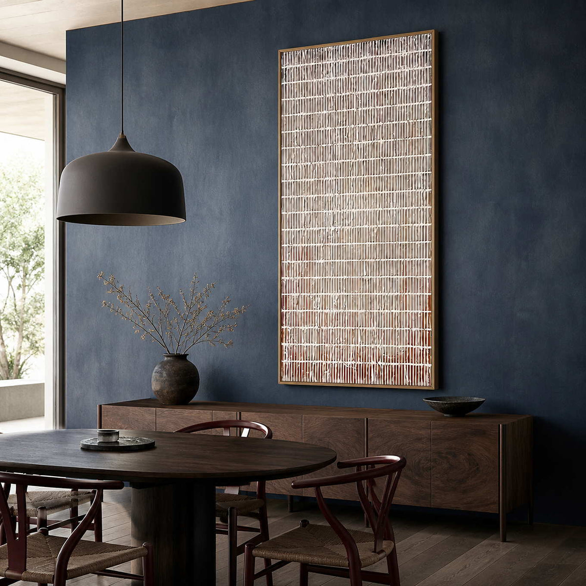 Wood framed brown and white grid painting beside a round dining table.