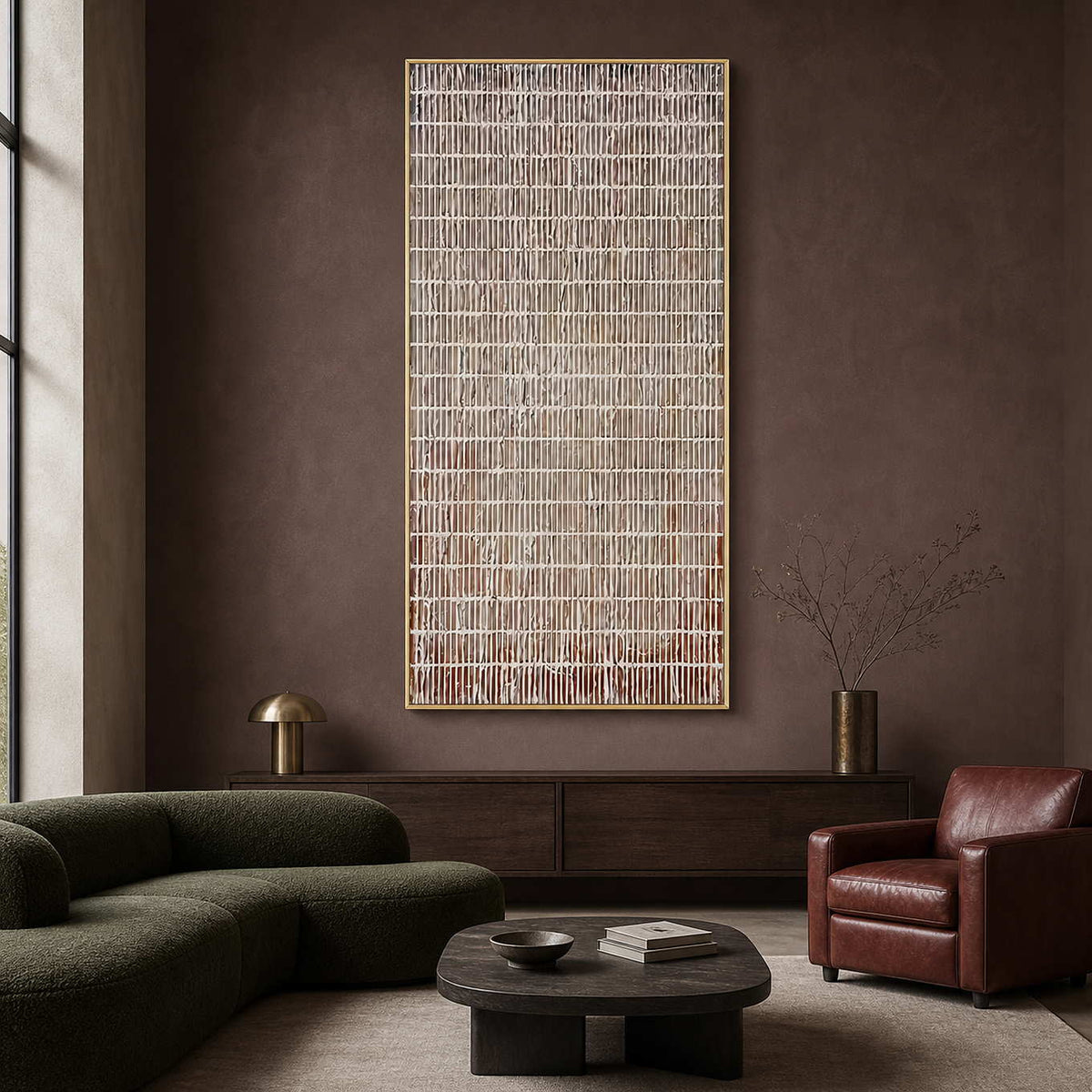 Gold framed white lattice painting above dark seating in a living room.