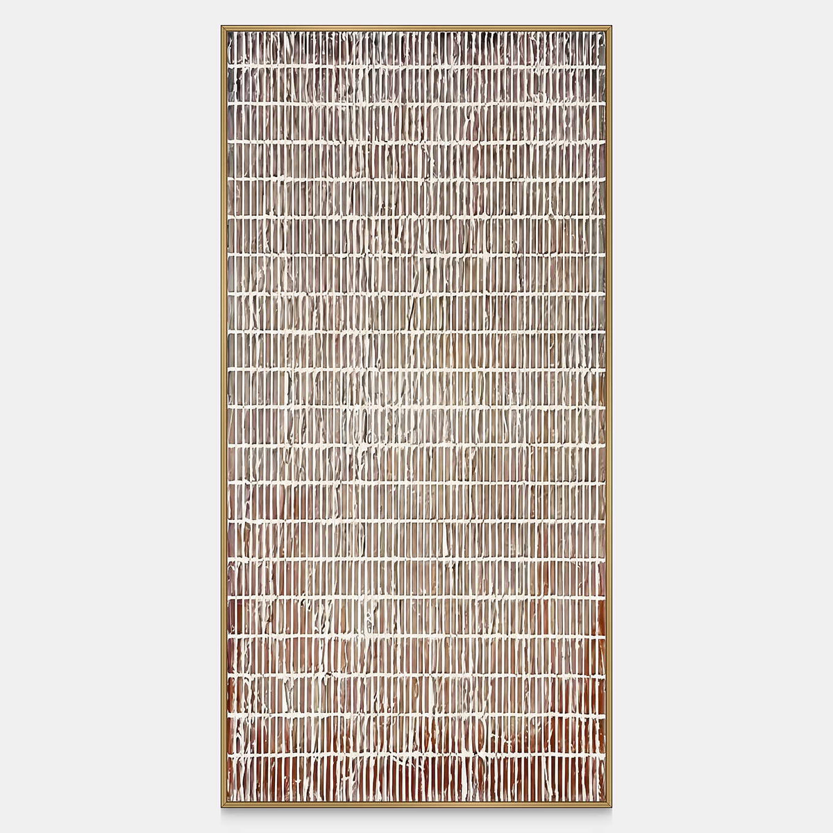Narrow vertical abstract painting with raised white grid lines over a brown ground.