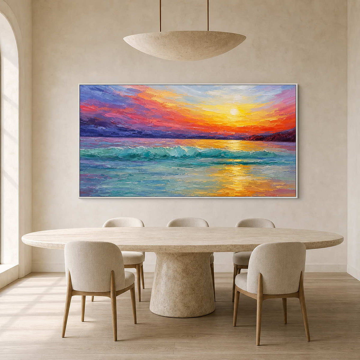 Colorful coastal sunset painting displayed in a softly lit dining room.