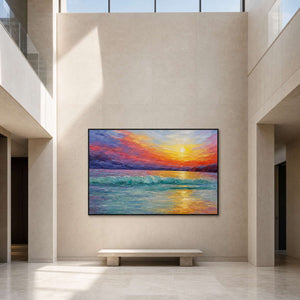 Sunset seascape adding bright coastal movement to a double-height foyer.