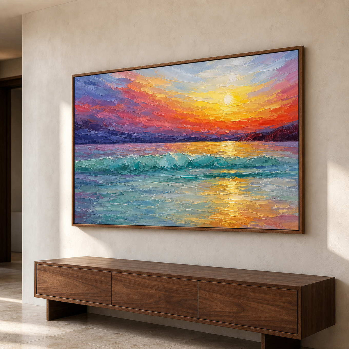 Colorful coastal wall art above a walnut entryway console.